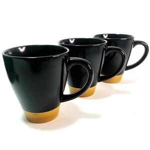 Pfaltzgraff Concentric Black Tan 4.5" Earthenware 12oz Coffee Mugs Tea Cup Set 3